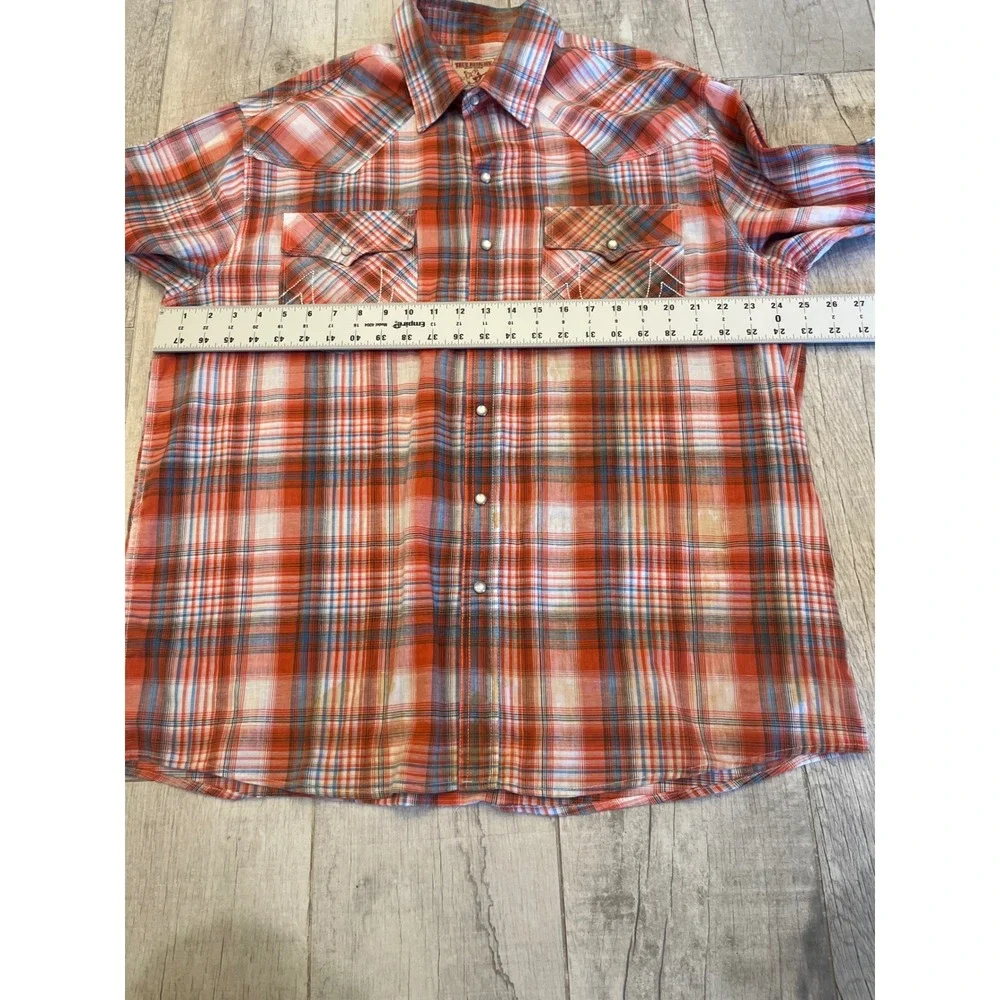 True Religion Mens 3XL‎ Western Pearl Snap Plaid Shirt Orange Blue NoCal Sharks